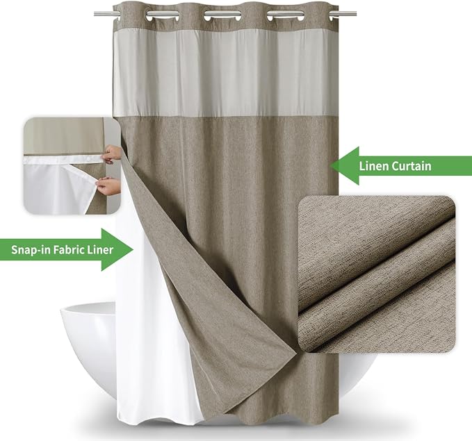 eachope No Hook Fabric Shower Curtain with Snap-in Liner,54x80 Khaki/Tan | Linen Texture,230GSM Thick Fabric,Hotel Luxury Decor,Mesh Window,Waterproof & Machine Washable,for Shower Stall or Bathroom