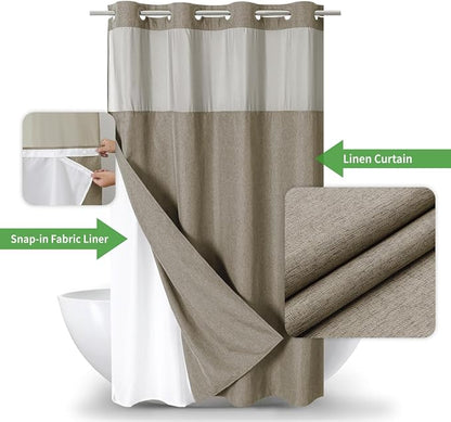 eachope No Hook Fabric Shower Curtain with Snap-in Liner,54x80 Khaki/Tan | Linen Texture,230GSM Thick Fabric,Hotel Luxury Decor,Mesh Window,Waterproof & Machine Washable,for Shower Stall or Bathroom