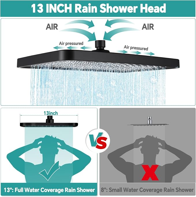 13" Rainfall Shower Head with Handheld Spray, Button Switch by Handheld | Waterfall Showerhead , 3-Modes Spray, Adjustable Extension Arm, 71 Inches Stainless Steel Hose(Matte Black)