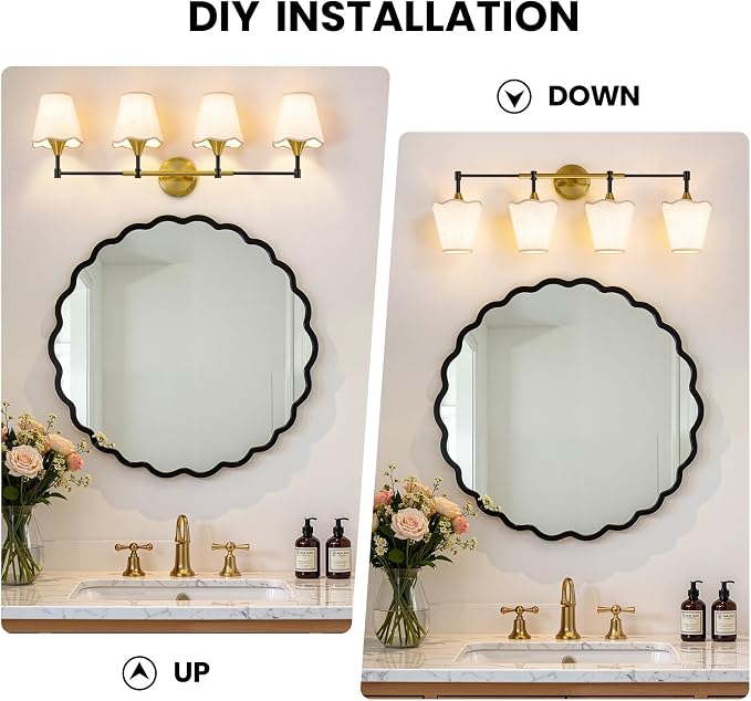 Black Gold Bathroom Vanity Light: 4 Light Vanity Lighting Fixtures with Flared Fabric Shade, Farmhouse Bathroom Lighting Fixtures over Mirror, Wall Sconce Lights for Bedroom Hallway Living Room