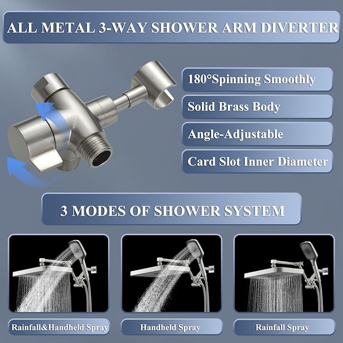 Jcrob High Pressure Wide Rain Shower Head with Handheld Spray Combo, 14 Inch Rainfall Shower Heads with Adjustable Extention Arm, Dual Waterfall Showerhead with 3-Way Diverter(Brushed Nickel)