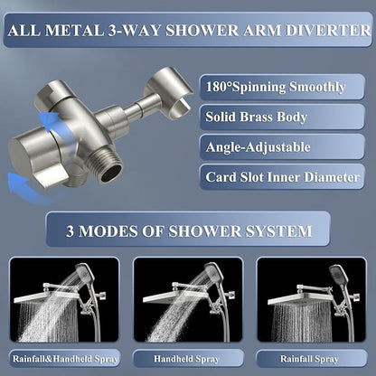 Jcrob High Pressure Wide Rain Shower Head with Handheld Spray Combo, 14 Inch Rainfall Shower Heads with Adjustable Extention Arm, Dual Waterfall Showerhead with 3-Way Diverter(Brushed Nickel)