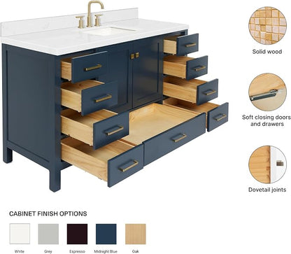 ARIEL Cambridge 60-inch Bathroom Vanity with Sink,Solid Wood, 1.5-inch Carrara White Quartz Countertop, Single Rectangular Porcelain Sink, 2 Soft Closing Doors, 9 Dovetail Drawers, Midnight Blue