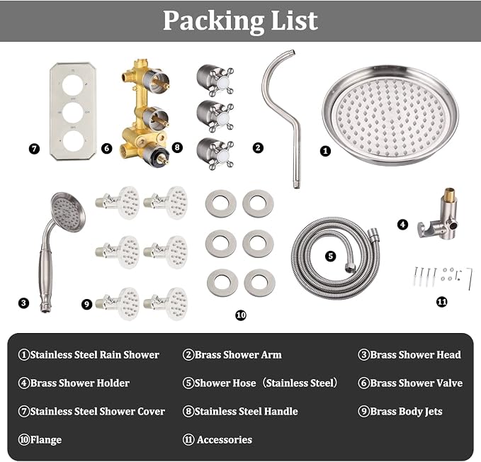 All Metal Thermostatic Shower System Backnets 9 Inch Shower Faucet Set with Rain Shower Head and Body Jets for Bathroom, Rough-in Valve Body and Trim kit Include, Brushed Nickel