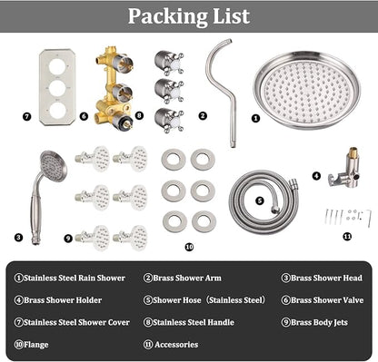 All Metal Thermostatic Shower System Backnets 9 Inch Shower Faucet Set with Rain Shower Head and Body Jets for Bathroom, Rough-in Valve Body and Trim kit Include, Brushed Nickel