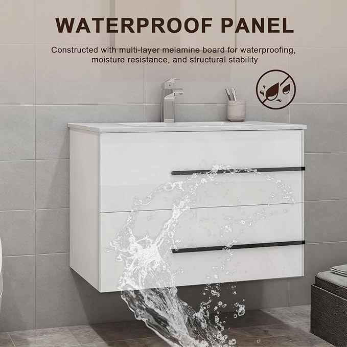 30 inch Floating Bathroom Vanity with Sink, Space Saving Fluted Design for Small Bathrooms, Soft Closing Drawers & Black Handles White