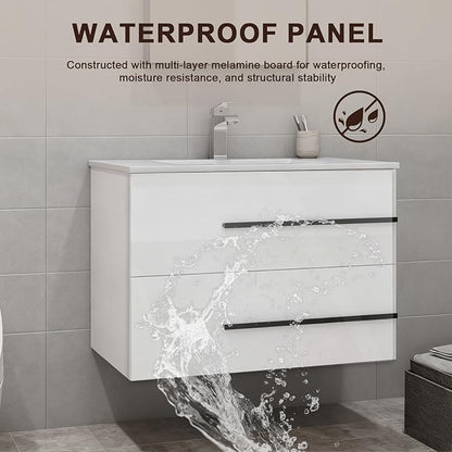 30 inch Floating Bathroom Vanity with Sink, Space Saving Fluted Design for Small Bathrooms, Soft Closing Drawers & Black Handles White