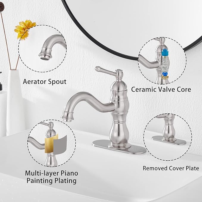 Bathroom Faucet Brushed Nickel GGStudy 360° Swivel Bathroom Vanity Faucet Single Handle One Hole Bathroom Sink Faucet Basin Matching Pop Up Drain with Overflow