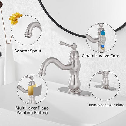 Bathroom Faucet Brushed Nickel GGStudy 360° Swivel Bathroom Vanity Faucet Single Handle One Hole Bathroom Sink Faucet Basin Matching Pop Up Drain with Overflow