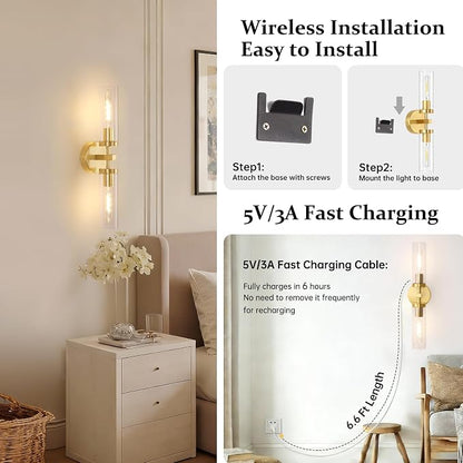 Shenmoyl Set of 2 Wall Sconces, 7800 mAh Battery Operated Wall Sconce with 3 Colors & Remote Control, Gold Rechargeable Wall Lamp with Clear Glass Shade for Bedroom, Bathroom, Living Room, Hallway