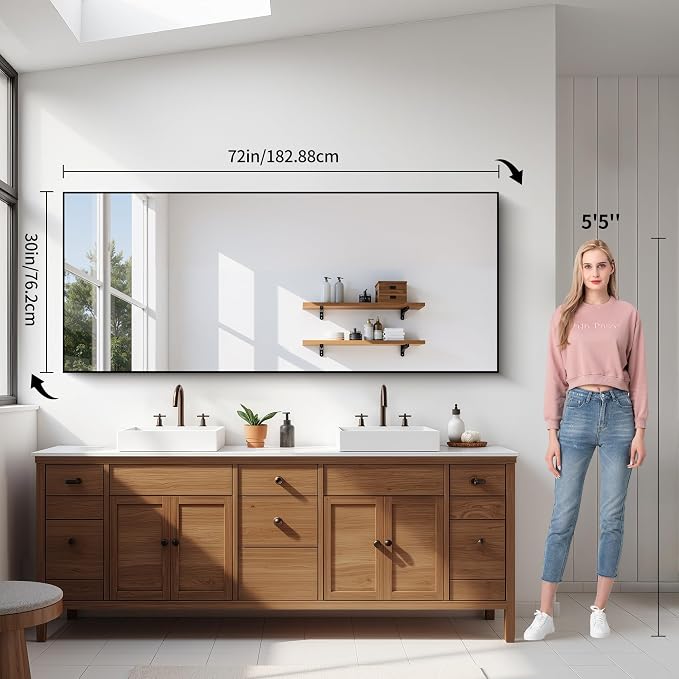 YIROMAN Bathroom Mirror 72"x30", Large Brushed Silver Bathroom Mirror for Over Sink with Aluminum Frame, Rectangular Vanity Mirror with Right Angle, Wall Mirror Hangs Horizontal or Vertical