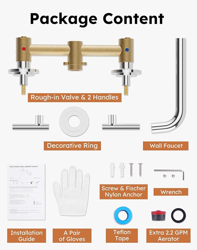 Wall Mount Bathroom Faucet - WOWOW Chrome Bathroom Sink Faucet - 2 Handle Wall Mount Vessel Sink Faucet 3 Holes Elegant Classic Spout Rough in Brass Valve Included