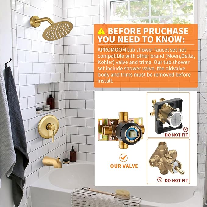Tub Shower Faucet Set (Valve Included) with 6-Inch Rain Shower Head and Tub Spout Single-Handle Tub and Shower Trim Kit Brushed Gold