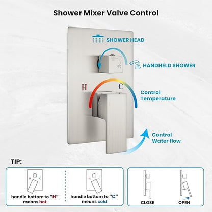 gotonovo Rainfall Bathroom Shower System Rain Shower Head and Handle Set Wall Mounted Shower Complete Combo Solid Brass Pressure Balancing Shower Mixer Valve 12 Inch Brushed Nickel