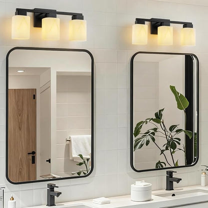 3-Light Square Bathroom Light Fixture, Matte Black Modern Vanity Light with White Marble Glass Shade, for Bathroom Mirror, Living Room, Bedroom, Hallway, E26 Base