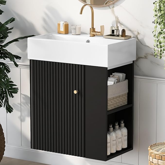 Harper & Bright Designs 21.6" Bathroom Vanity with Sink, Wall-Mounted Single Basin Vanity Set with Cabinet & Two-Tier Right Side Storage Shelf, Storage Cabinet with Ceramic Basin for Bathroom, Black