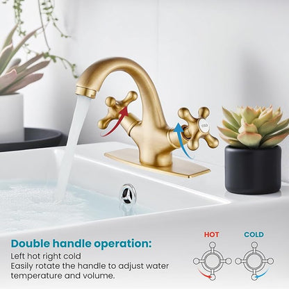 gotonovo Bathroom Sink Faucet Single Hole Double Cross Handle Knobs Lavatory Vessel Sink Mixer Tap Bathroom Faucet with Pop up Drain and Deck Cover Plate Antique Brass