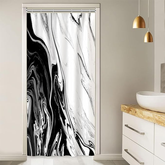 Stall Shower Curtain, Black and White Small Shower Curtain Modern Abstract Marble Waterproof Narrow Shower Curtain Set with Hooks, 36x72 Inch
