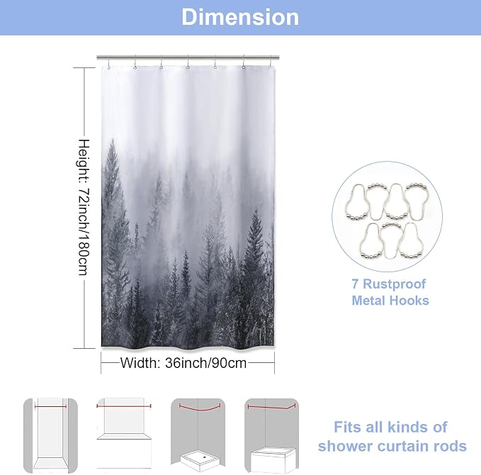 ORTIGIA 36x72 Misty Forest Stall Shower Curtain for Small Bathroom, Grey Half Size Narrow Nature Woodland Shower Curtain Set with Hooks, Waterproof Fabric Pine Tree Fog Magic Home Bath Curtain