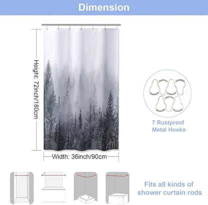 ORTIGIA 36x72 Misty Forest Stall Shower Curtain for Small Bathroom, Grey Half Size Narrow Nature Woodland Shower Curtain Set with Hooks, Waterproof Fabric Pine Tree Fog Magic Home Bath Curtain