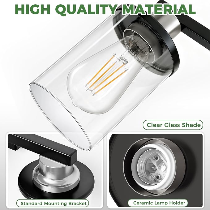 DORESshop 17 Inch 3-Light Black Nickel Bathroom Vanity Light | Modern Black Nickel Vanity Light Fixture, Clear Glass Shade Bathroom Wall Light, Mirror Lighting for Bedroom Living Room