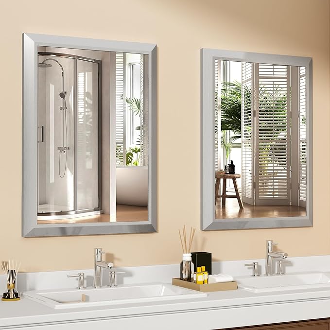 SMIROR 24x28 Brushed Silver Bathroom Vanity Mirror for Over Sink | Metal Wide Frame, Rectangle, Right- Angle Corner, Anti-Rust, Horizontally or Vertically Wall- Mounted for Home Remodel