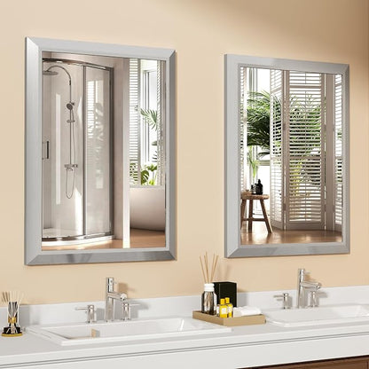 SMIROR 30x30 Brushed Silver Bathroom Vanity Mirror for Over Sink | Metal Wide Frame, Rectangle, Right- Angle Corner, Anti-Rust, Horizontally or Vertically Wall- Mounted for Home Remodel