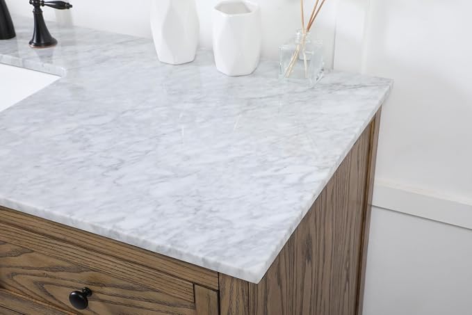 60" Pre-Assembled Bathroom Vanity with Sink, Solid Birch and MDF, Carrara White Marble Countertop Attached, Single Rectangle Porcelain Sink, 6 Soft-Close Drawers, Driftwood