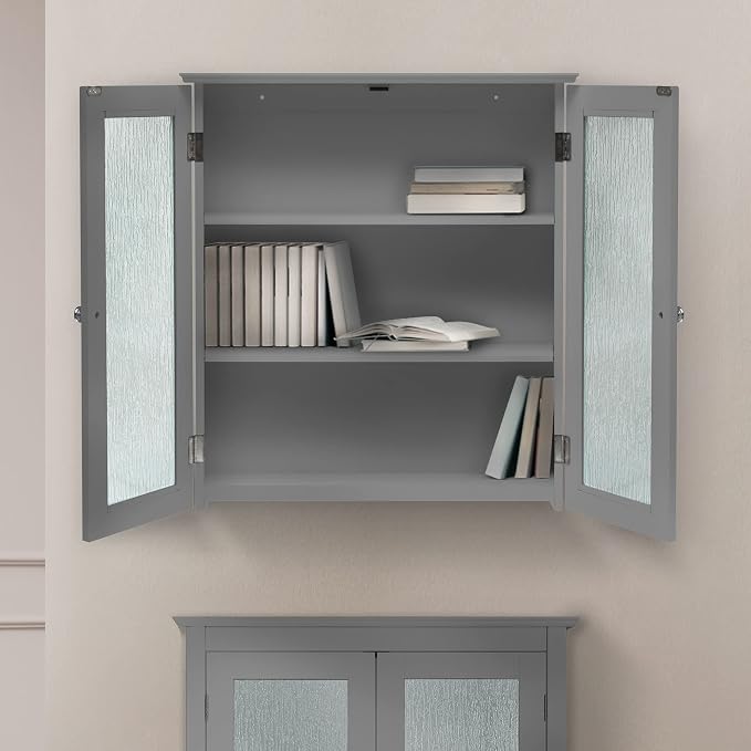 Teamson Home Connor Removable Wall Cabinet, Gray | 2 Glass Doors, 2 Adjustable Shelves