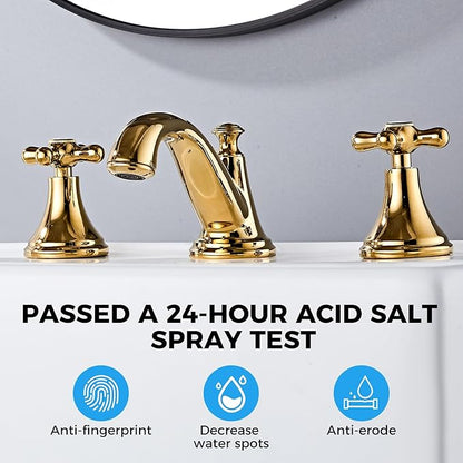 Gold Bathroom Faucet Vintage Widespread Faucets 3-Hole Sink Faucet with Drain Assembly Solid Brass Drip-Free Ceramic Cartridge Adjustable 8-16 Inch Installation