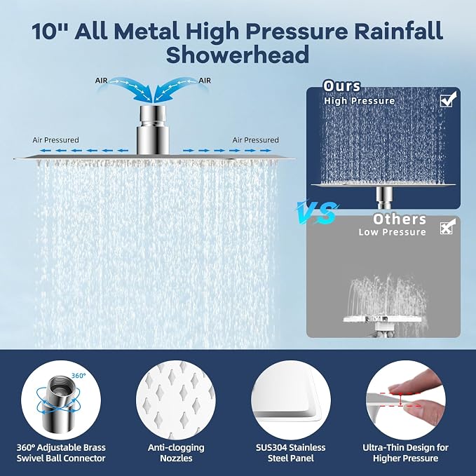 Hibbent 10'' All Metal Showerhead Combo & 10 Mode Filtered Handheld, Chrome | High Pressure Stainless Steel Showerhead, 4-way Diverter, Heightened All Metal Extension Arm, 71'' Hose & Holder, Easy Reach
