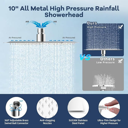 Hibbent 10'' All Metal Showerhead Combo & 10 Mode Filtered Handheld, Chrome | High Pressure Stainless Steel Showerhead, 4-way Diverter, Heightened All Metal Extension Arm, 71'' Hose & Holder, Easy Reach
