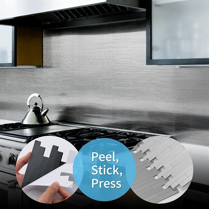 Art3d 10-Pack Metal Peel and Stick Backsplash Tile, Silver Parallel | 12" x 12", Stainless Steel, Self Adhesive, Anti-Corrosion, Waterproof, Lightweight, Ideal for Kitchens, Bathrooms