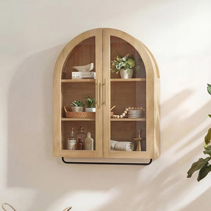 Seang Bathroom Arched Wall Cabinet,23.6" Modern Medicine Cabinet with Towel Bar and Adjustable Shelf,Over The Toilet Wall Storage Cabinet for Laundry Room,Living Room,Kitchen,Natural