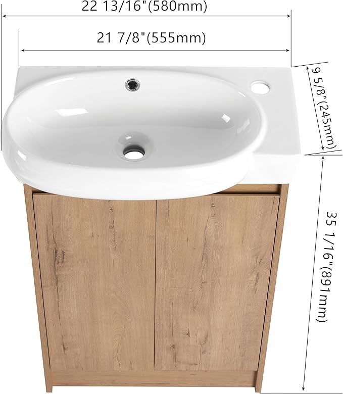 Henf 23" Freestanding Bathroom Vanity with Sink Set for Small Space, Soft Close Doors Round Ceramic Basin Floor Mount Bathroom Cabinet, Vanity and Sink Combo for Home