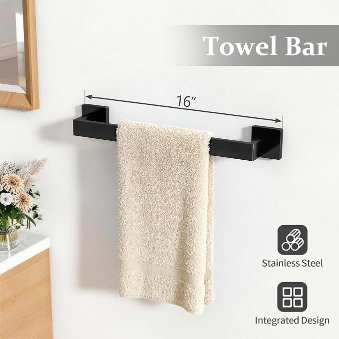 STWWO 5-Piece Matte Black Bathroom Accessories Hardware Set | Stainless Steel Towel Racks for Bathroom, 16 Inch Bath Towel Bar Set Wall Mounted