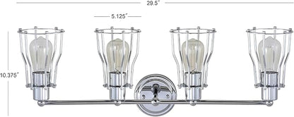 JONATHAN Y 29.5" Chrome Modern Industrial Metal Vanity Light, Bathroom Sconce for Mirror, Reversible 4-Light Wall Lamp with Metal Cage Shade for Hallway, LED Bulb Included (JYL7418A)