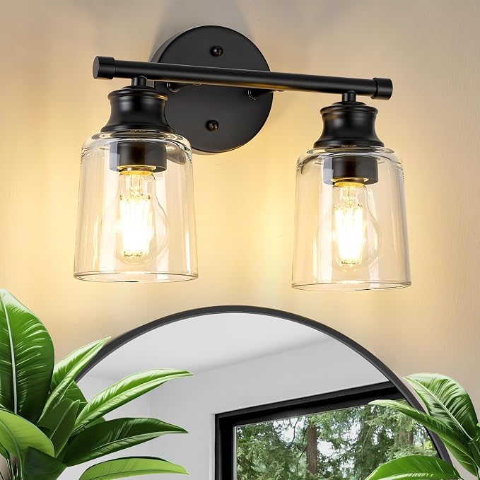Bathroom Light Fixtures Over Mirror, 2 Lights Vanity Lights with Clear Glass Shade, 12.1" Matte Black Farmhouse Bathroom Wall Light Fixtures for Bedroom, Porch, Hotel, Mirror Cabinet