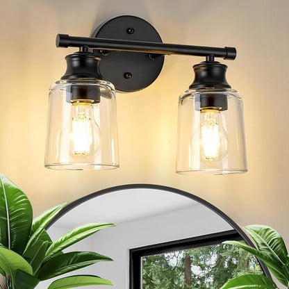 Bathroom Light Fixtures Over Mirror, 2 Lights Vanity Lights with Clear Glass Shade, 12.1" Matte Black Farmhouse Bathroom Wall Light Fixtures for Bedroom, Porch, Hotel, Mirror Cabinet