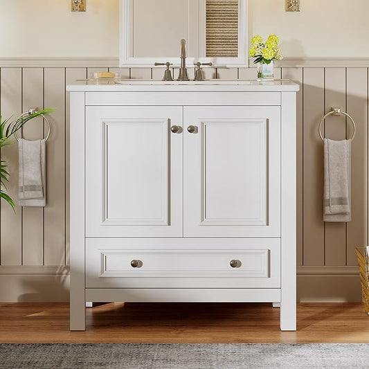 Tribesigns 30" Modern Bathroom Vanity with Sink, Freestanding Bathroom Vanities Cabinet with Ceramic Basin Combo, Bathroom Sink Cabinet with 2 Doors and 1 Drawer, Solid Wooden Frame, Black