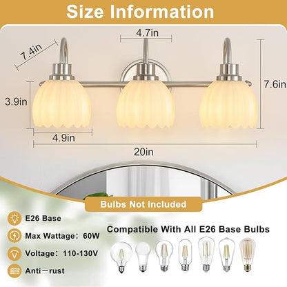 Bathroom Light Fixtures(3-Light, 20 Inch), Brushed Nickel Vanity Lights for Bathroom with Ribbed White Tulip Glass Shade, Vintage Vanity Wall Lights for Mirror Bedroom Living Room Hallway