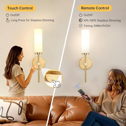 Shenmoyl Battery Operated Wall Sconces Set of 2, Gold Rechargeable Wall Lighting Fixtures, Dimmable Wall Lights with Remote & Opal Glass Shade for Living Room, Bathroom,Bedroom