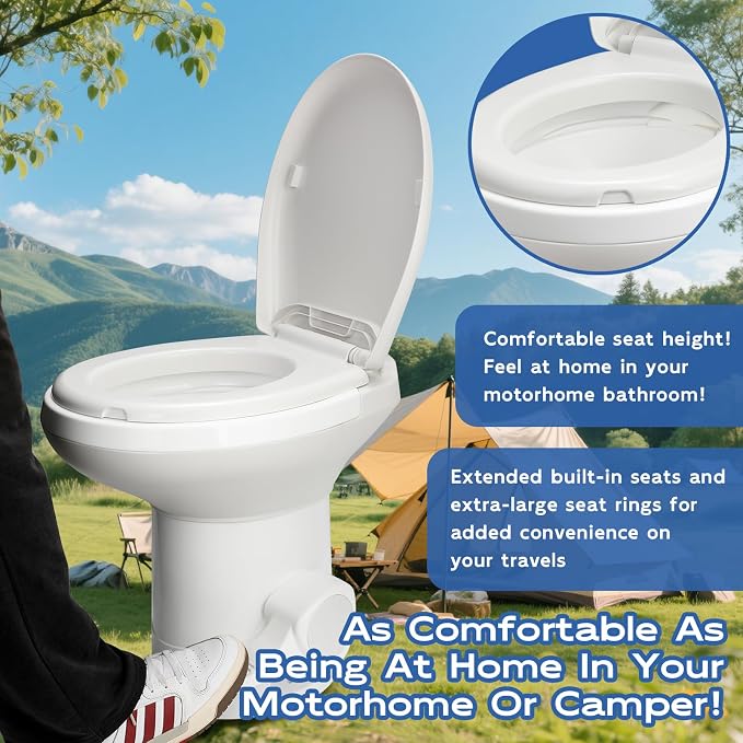 Gravity Flush RV Toilet, White, ABS Plastic with Foot Pedal Flush Mechanism, Standard Height, RV-Specific Model