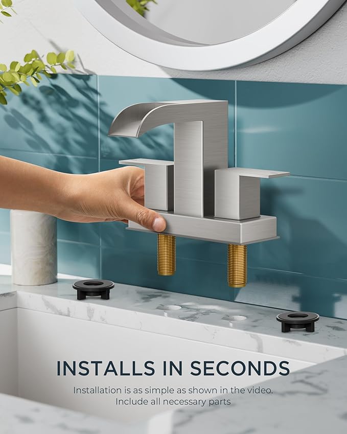 FORIOUS Brushed Nickel Bathroom Faucets for 2 Hole or 3 Hole, Waterfall 4 Inch Centerset Bathroom Sink Faucet with Metal Pop-up Drain and Supply Lines, Two Handles for Vanity, Basin