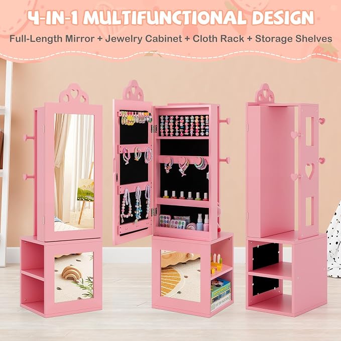 HONEY JOY Kids Jewelry Armoire Cabinet, Wooden Standing Jewelry Organizer w/Full-length Mirror and Garment Rack, 2 Tier Storage Shelves, Children Dress Up Jewelry Cabinet for Little Girls (Pink)