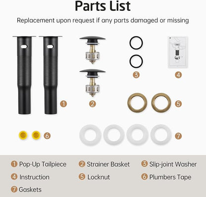 KES All Metal Bathroom Sink Drain with Overflow, 2 Pack, Lavatory Vanity Pop Up Drain with Detachable Hair Catcher, Rustproof 18/8 Stainless Steel, Matte Black, S2013A-BK-P2