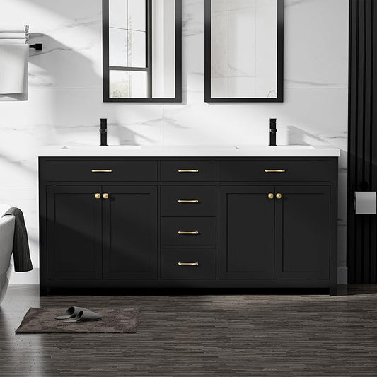 LUCKWIND 72" Bathroom Vanity and Sink Combo, Painted Modern Bathroom Storage Cabinet with Double Large Sink, Four Doors and Three Drawers, Include Faucet, Without Mirror, Black