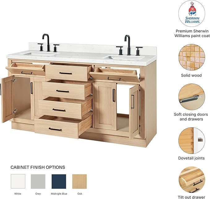 DKB Isabella 66-Inch Oak Double Bathroom Vanity with Sink, Carrara White Quartz Countertop & 4-Inch Backsplash, Soft Closing Doors and Drawers, Matte Black Hardware