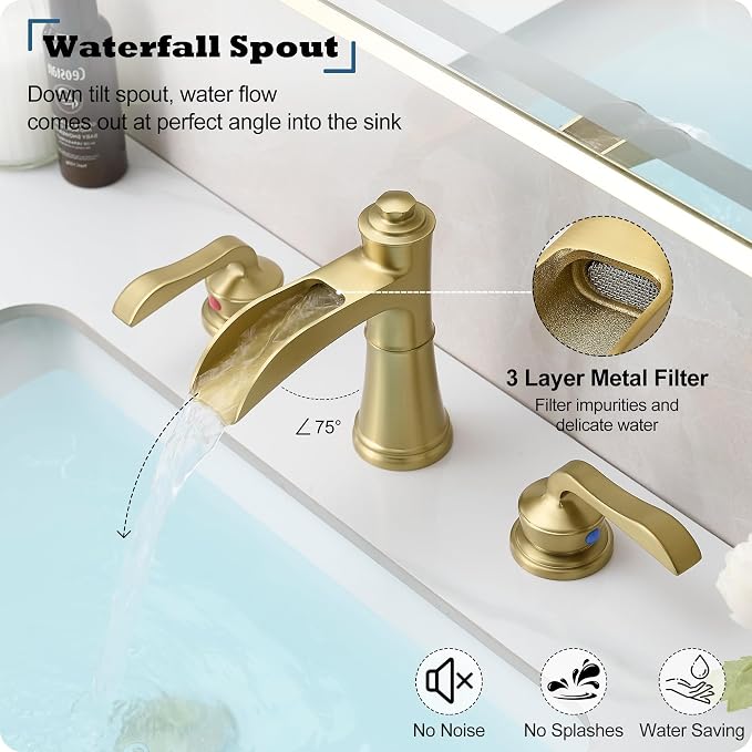 Brushed Gold 3 Hole Bathroom Faucet, 4-16 Inch Widespread Waterfall Faucet for Bathroom Sink with Pop-up Drain, Supply Water Hose and 2 Handle for Vanity, Brass