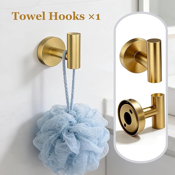 5-Pieces Wall Mount Bathroom Hardware Set,22in Brushed Gold Towel Bar Set | Stainless Steel Waterproof Bathroom Accessories Set, Toilet Paper Holder with Shelf,Towel Ring,Coat Hook,Round